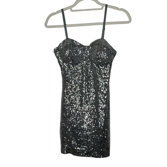 As U Wish Dress Womens Size Medium Sequin Mini Sundress Silver Prom Party Casual - Picture 1 of 15